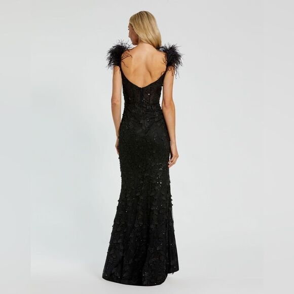 MAC DUGGAL 20889 Womens Black Sheer Applique Bustier Gown  with Feather Straps - Picture 4 of 14